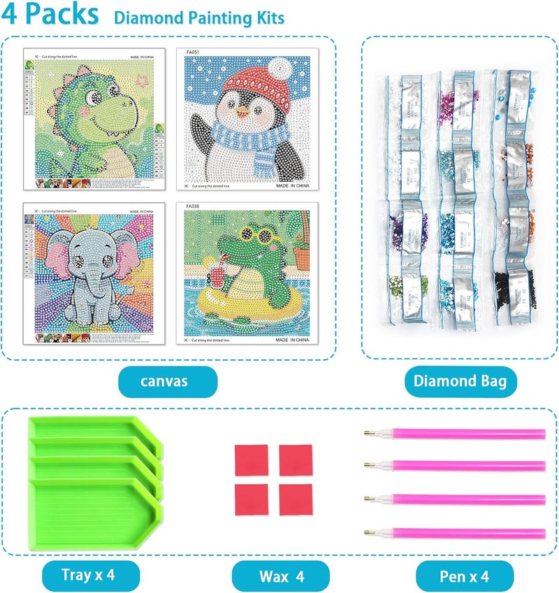 UiSdfuy Diamond Art Kits for Kids,Arts & Crafts for Kid Ages 8-12,Diamond Art for Kids,Gem Art 4 Pack Diamond Painting 6" X 6" (Dinosaur Crocodile Penguin Elephant) - Image 2